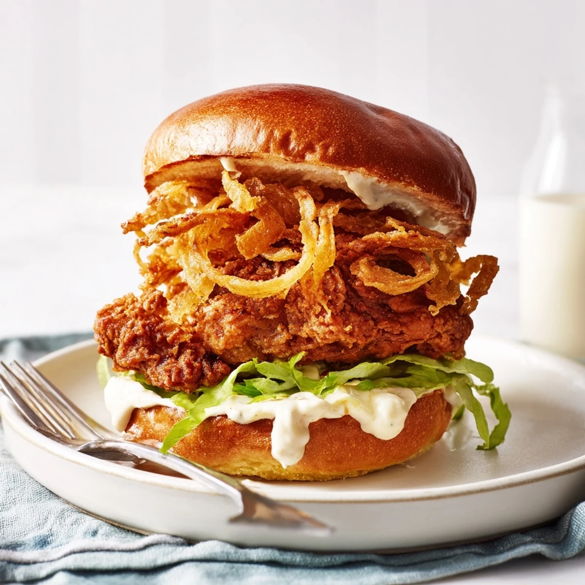 Golden fried Crispy Onion Chicken Sandwich on a toasted brioche bun with creamy aioli.  