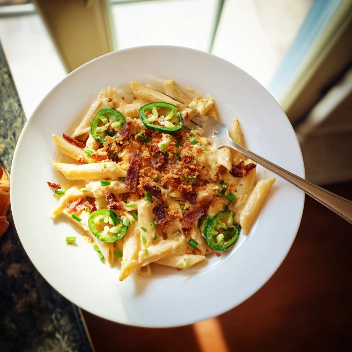 Creamy Jalapeño Popper Pasta topped with crispy bacon, melted cheddar, and golden panko breadcrumbs served in a rustic bowl.