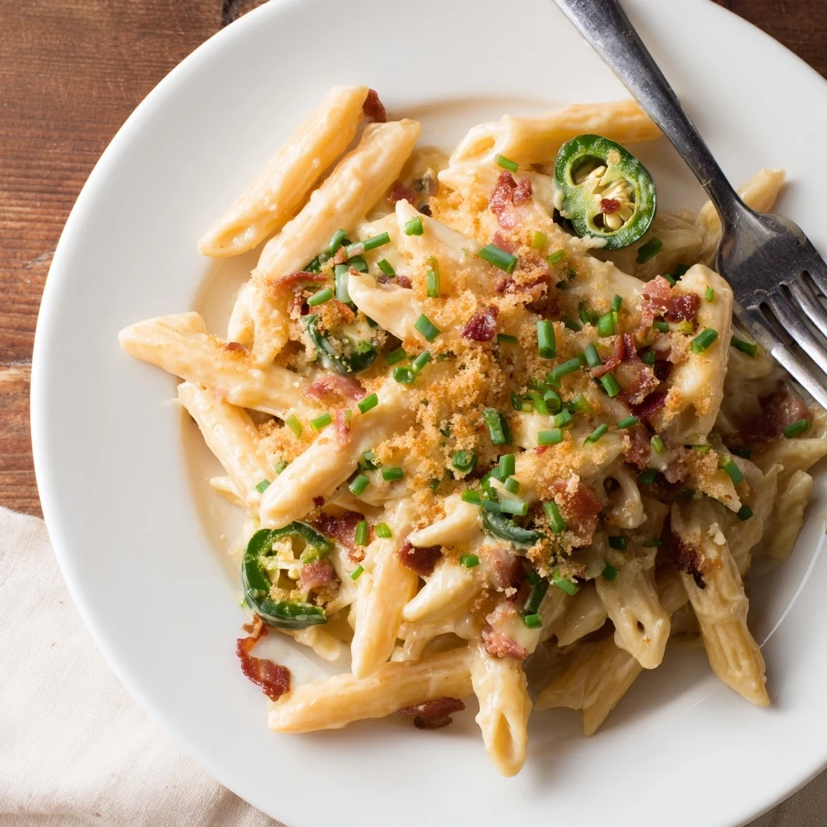 A skillet of steaming Jalapeño Popper Pasta mixes al dente penne with smoky bacon and a rich, spicy cream sauce.