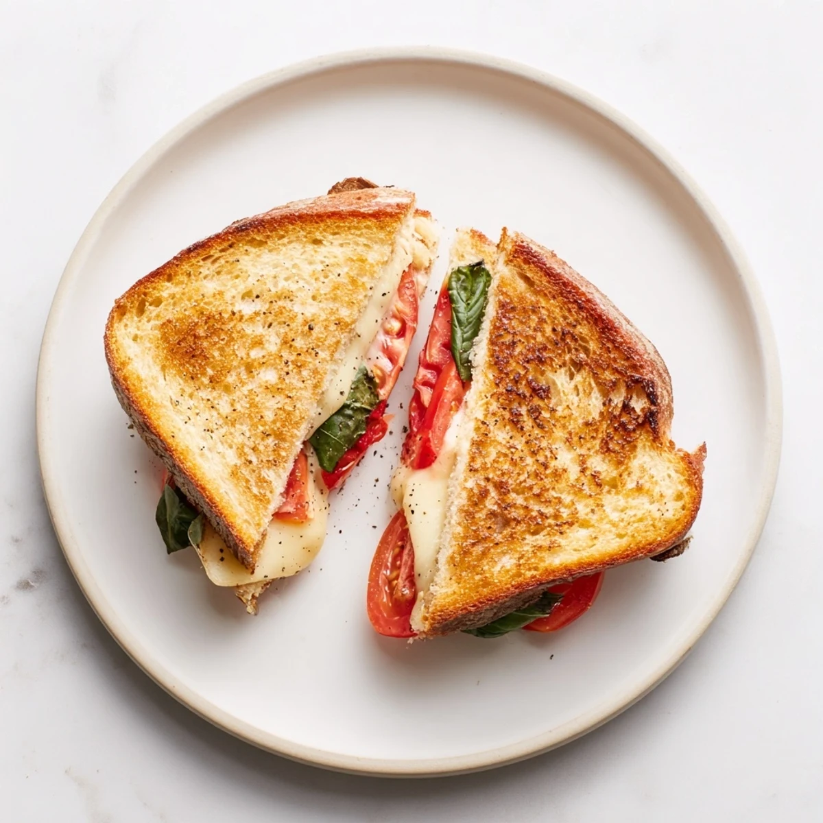 Close-up of Tomato Basil Grilled Cheese, featuring vibrant red tomato slices and fresh green basil leaves nestled in melted cheese.  