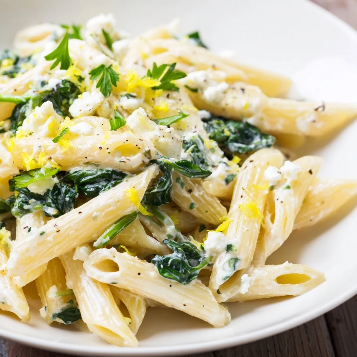 Top-down view of a skillet of Creamy Feta Spinach Pasta, garnished with fresh basil and lemon zest, highlighting the melted feta texture.
