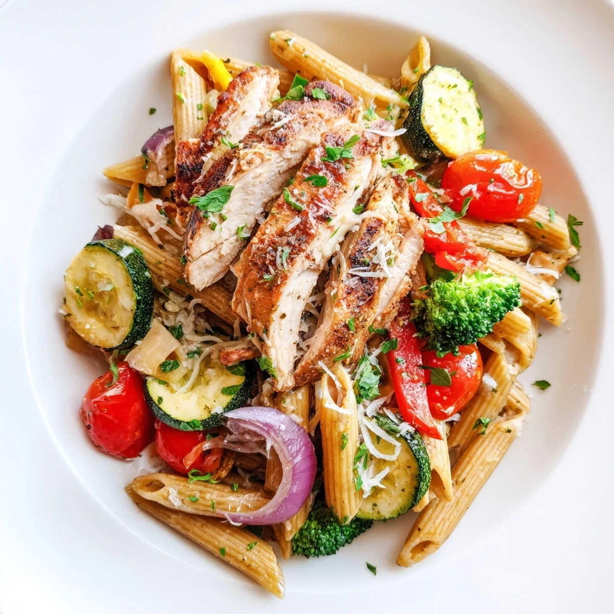 Golden roasted garlic herb chicken slices and colorful vegetables tossed with penne pasta in a light, aromatic sauce.  