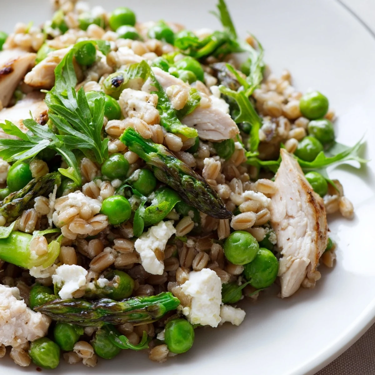 Warm Spring Farro Chicken Salad with grilled chicken, bright green peas, and crisp asparagus on a bed of arugula.