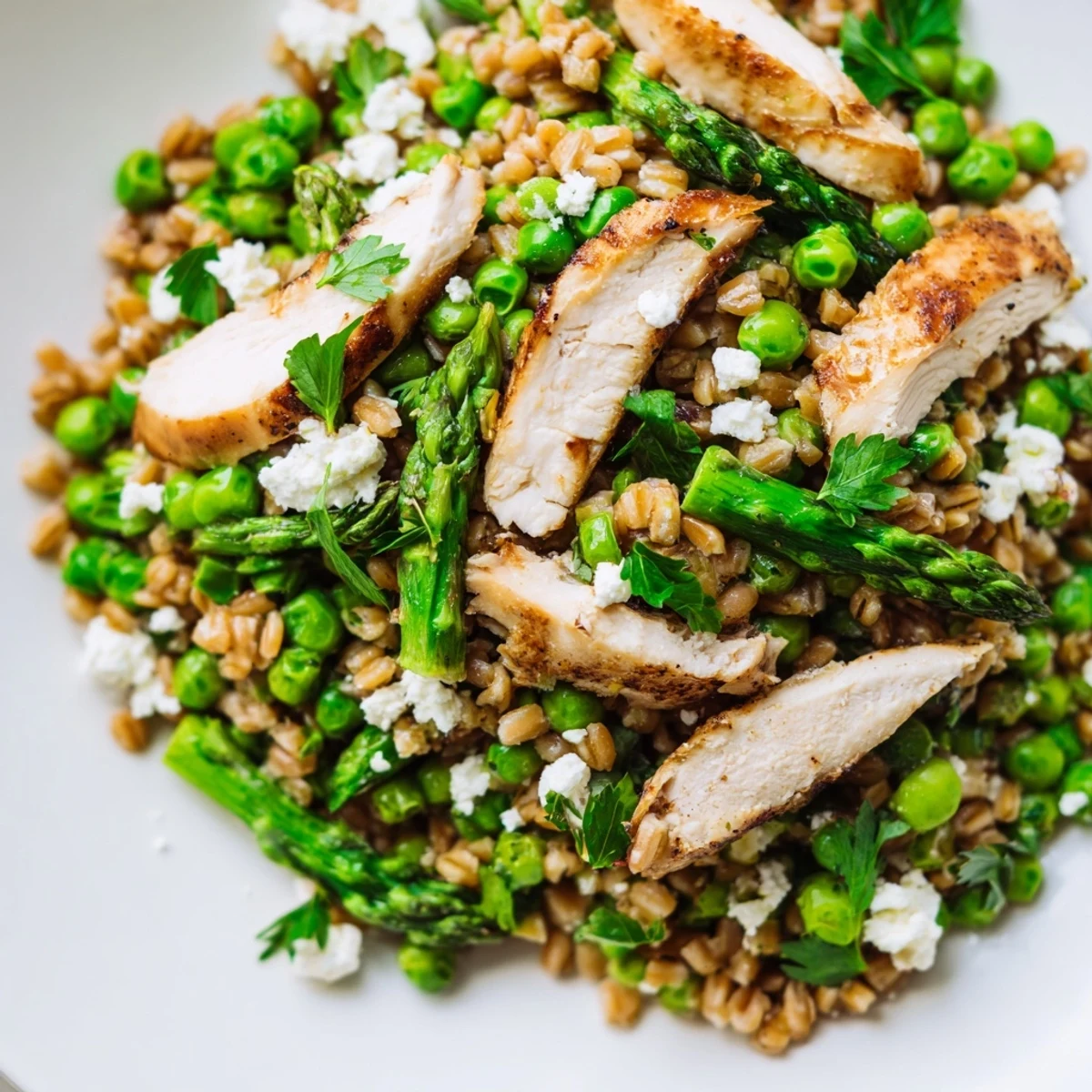 Fork-ready Warm Spring Farro Chicken Salad topped with crumbled feta and fresh herbs on a white plate.