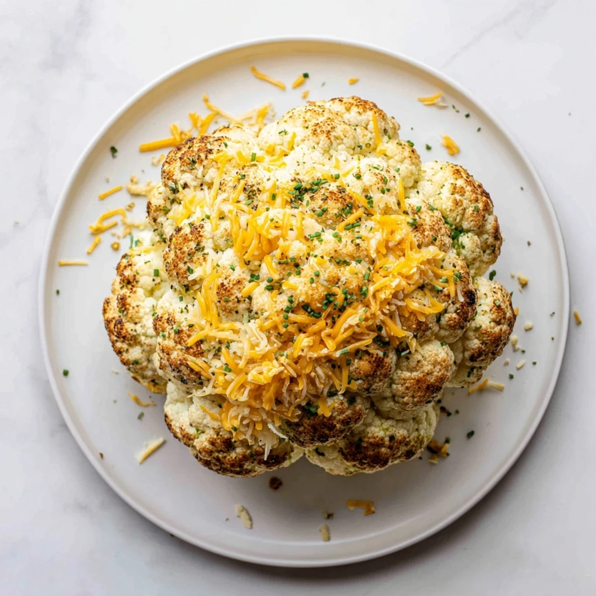 A close-up of Cheesy Stuffed Cauliflower Head, its golden crust glistening over a creamy, cheesy center.