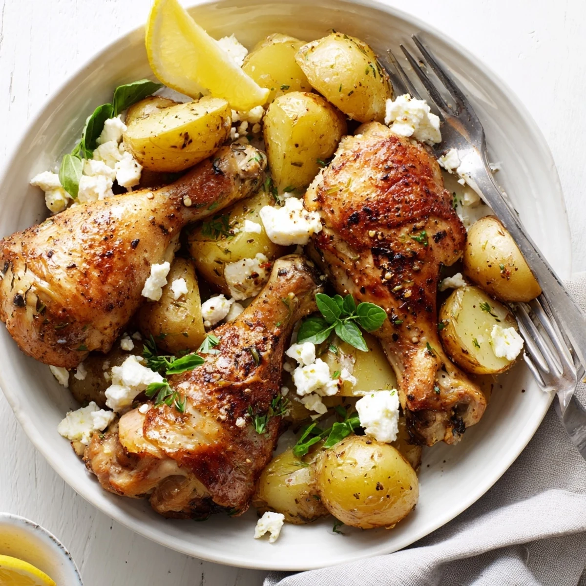 Top-down view of a whole Roasted Chicken with Pot Potatoes, Lemon Herbs, and Feta, featuring juicy slices and crumbled feta on a ceramic platter.