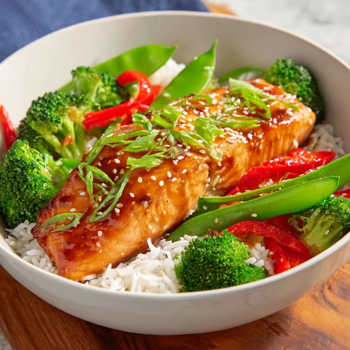 Tender Maple Soy Glazed Salmon resting on a bed of jasmine rice, garnished with sesame seeds and fresh green onions for a delicious weeknight meal.