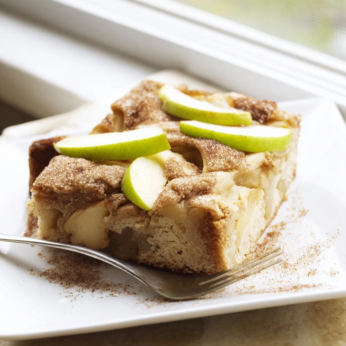 A golden Baked Apple Cake cooling on a rack, with cinnamon-sugar topping and warm aromas of baked apples and vanilla wafting from the pan.