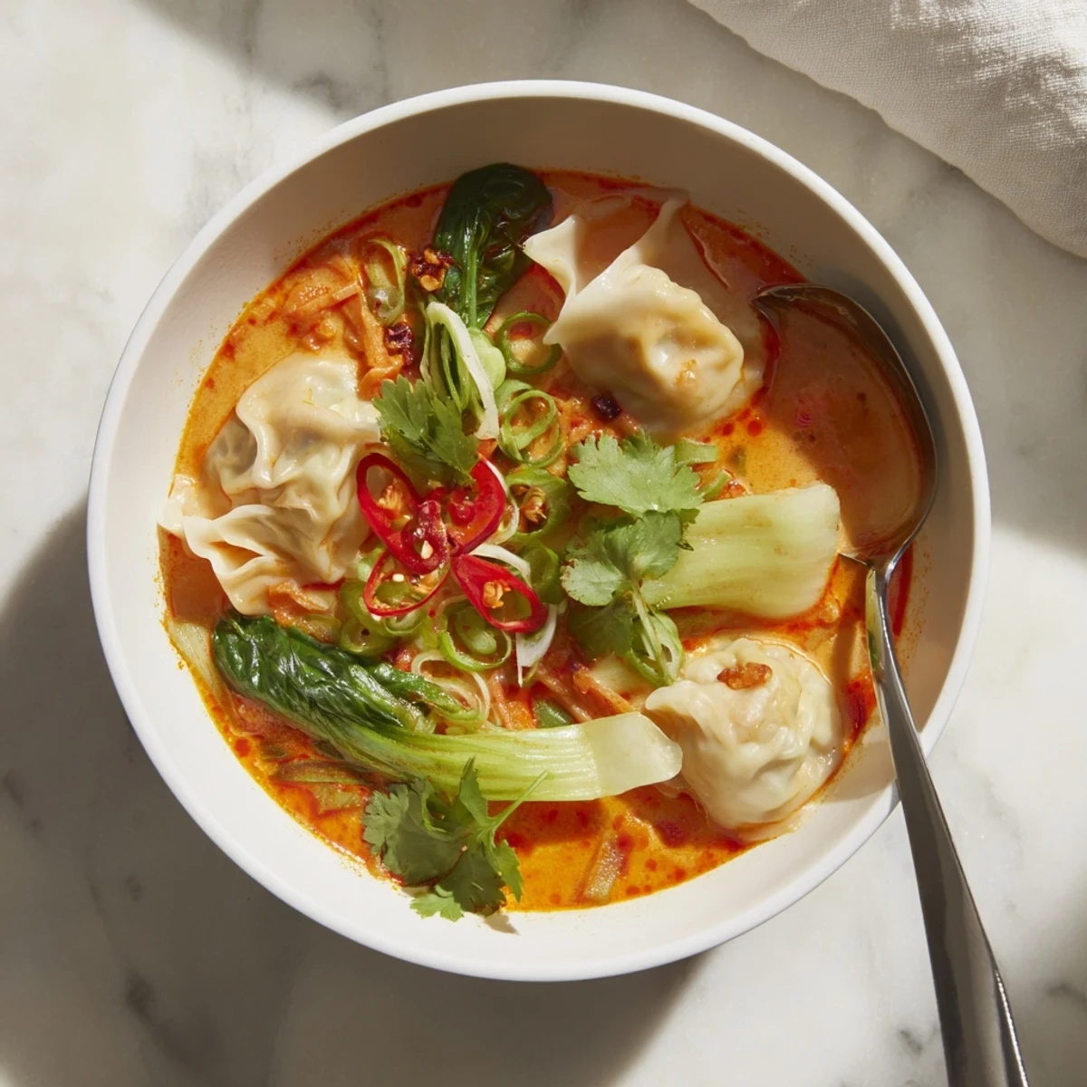 Red Curry Wonton Soup With Greens served in a rustic bowl with vibrant carrots and spinach leaves.