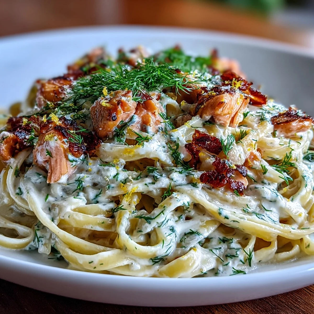 Delicious creamy salmon pasta dish, glistening with lemon and fresh herbs.