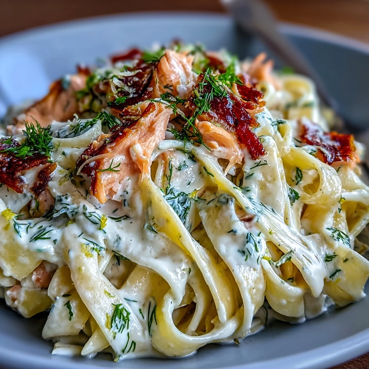 This best creamy salmon pasta recipe shows flaky salmon in a velvety sauce.