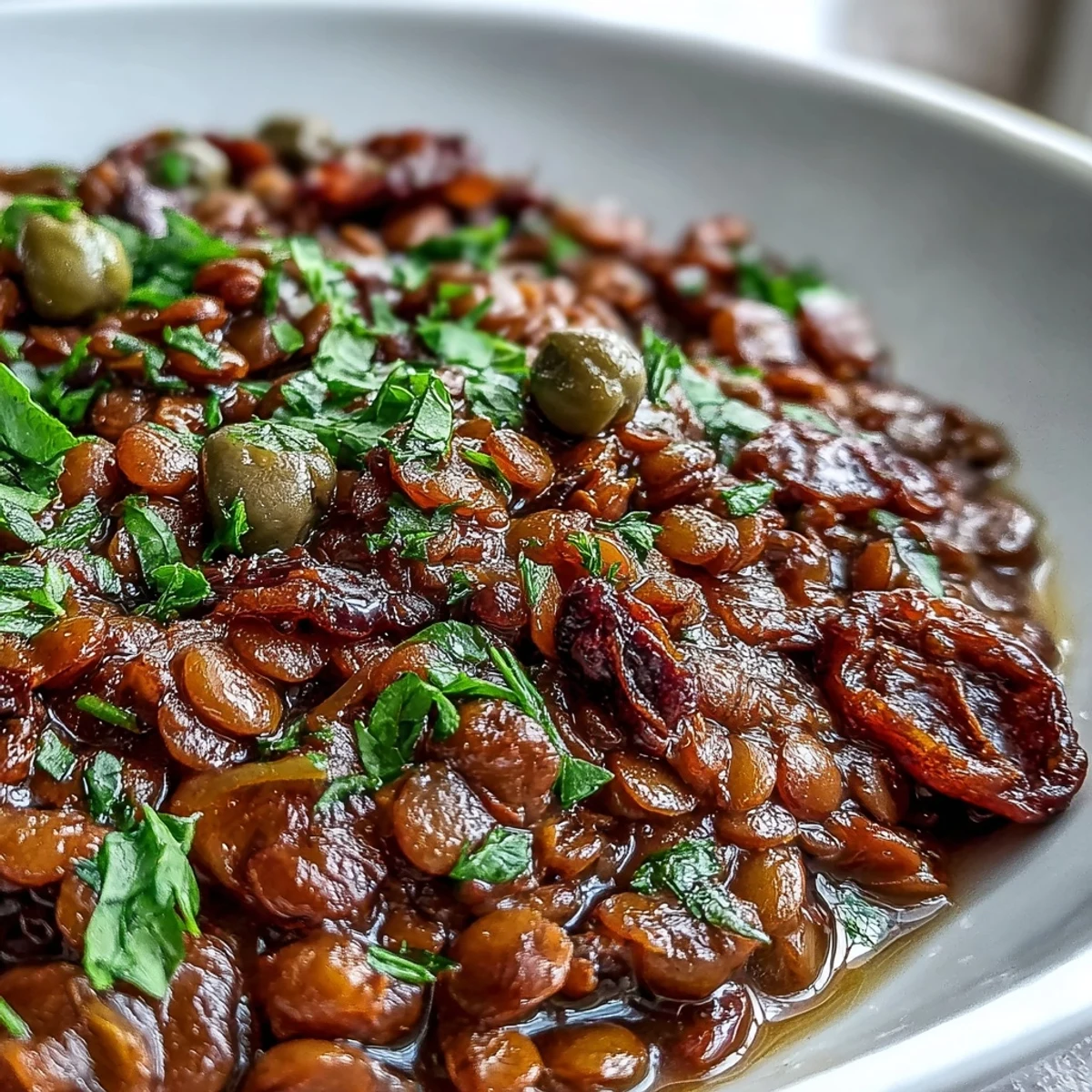 Hearty Cuban-Inspired Lentil Picadillo, showcasing tender lentils, vibrant veggies, ready for dinner.