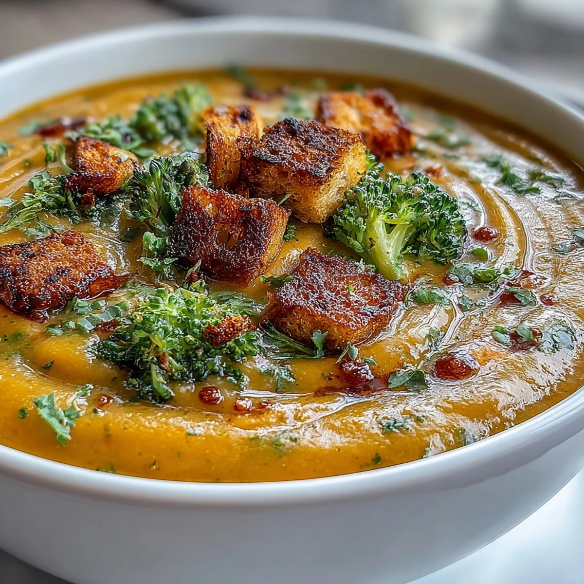 Golden Butternut Squash Broccoli Cheddar Soup steams in a rustic bowl, showcasing creamy texture and vibrant orange-green hues.