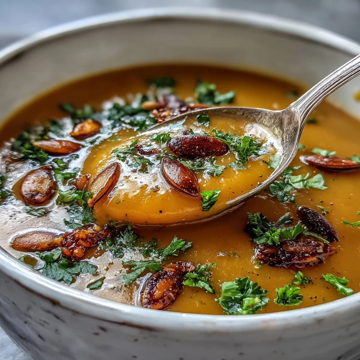 A creamy bowl of Roasted Broccoli and Butternut Squash Soup topped with toasted pumpkin seeds and fresh parsley.