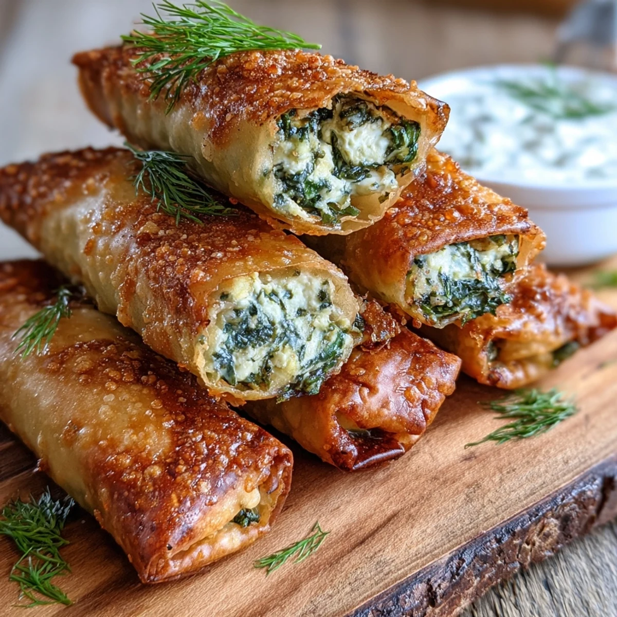 Golden-brown Spanakopita Spring Rolls rest on a parchment-lined plate, showcasing their crispy, flaky texture and vibrant green spinach and feta filling.