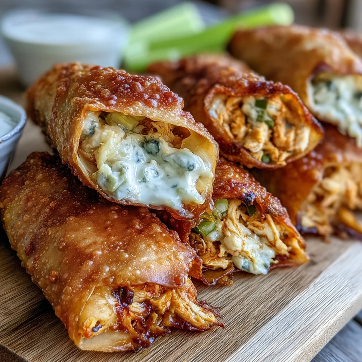 A platter of freshly fried Buffalo Chicken Egg Rolls beside crisp celery sticks and a small bowl of blue cheese dressing.