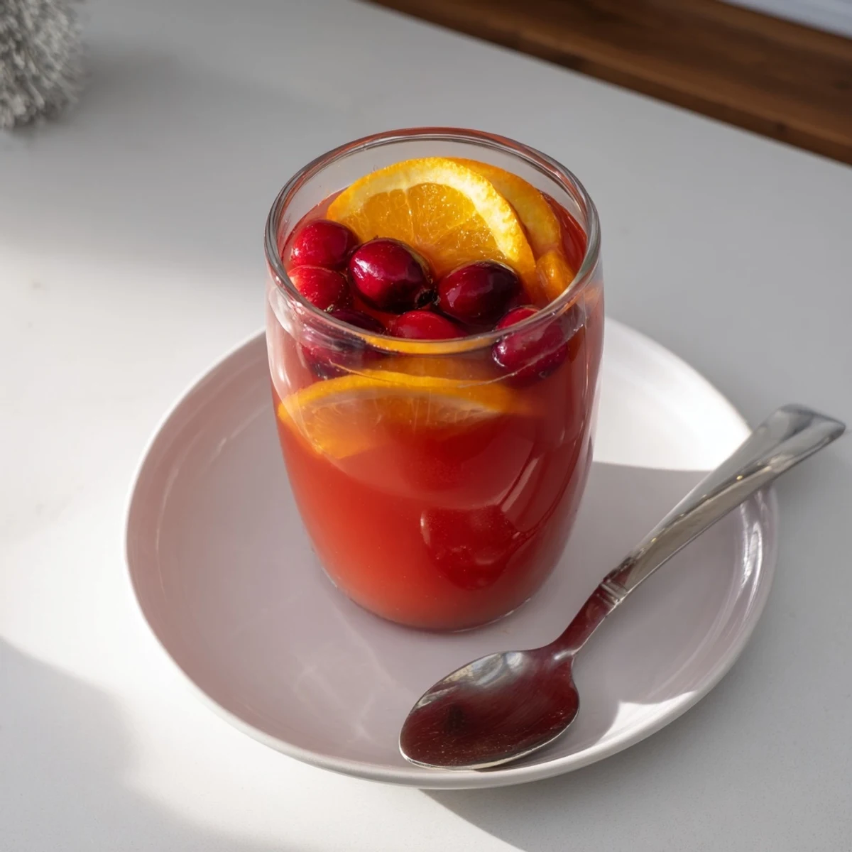 Refreshing 3-Ingredient Holiday Punch in a glass, garnished with bright orange slices and cranberries.
