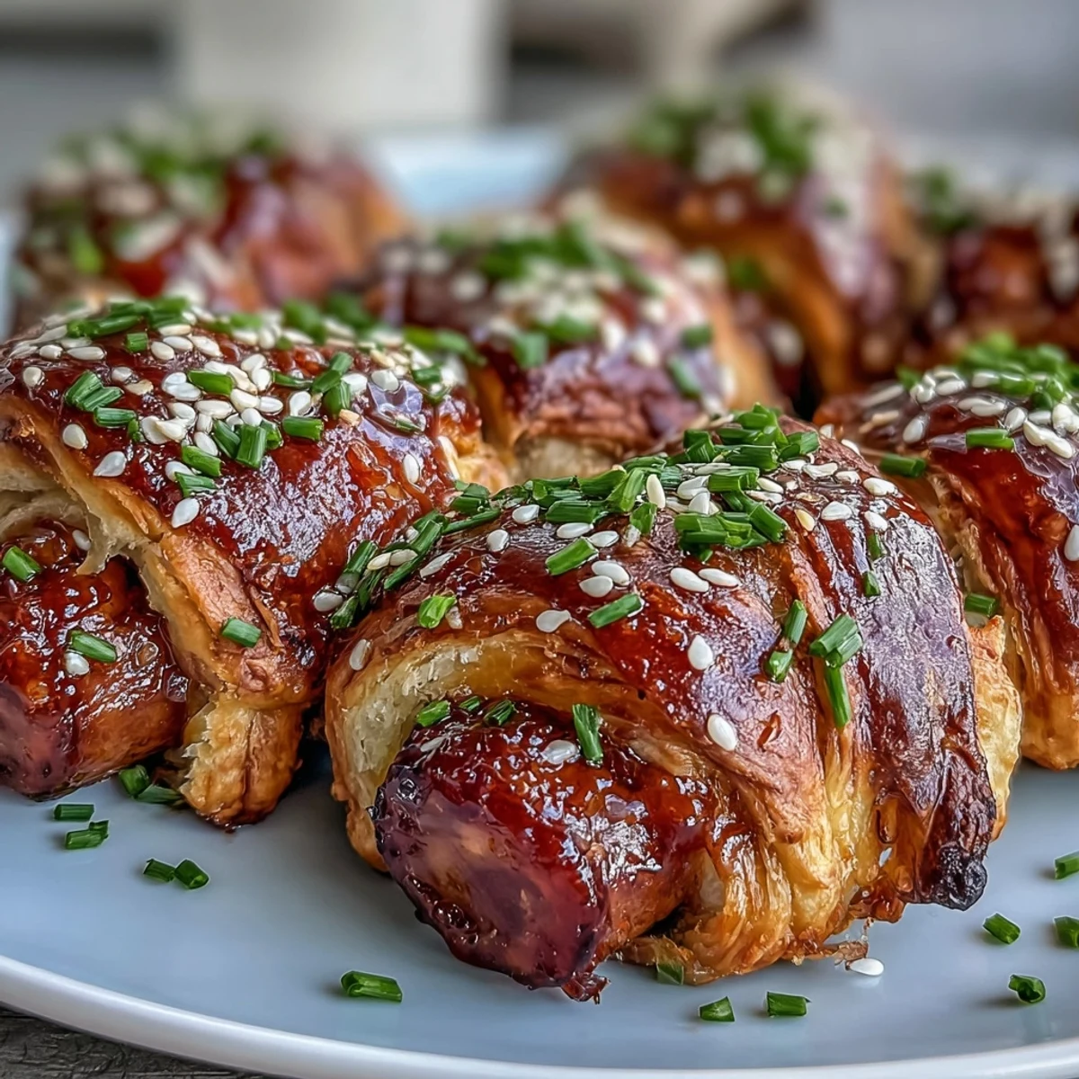 Golden-brown Pepper Jelly Hogs in a Blanket fresh from the oven, glistening with a sweet glaze.