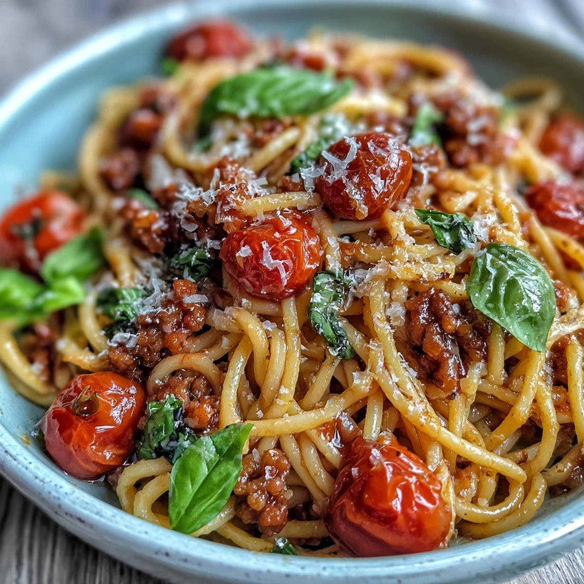 Steaming Italian Drunken Noodles with spicy sausage and bright cherry tomatoes on a plate.
