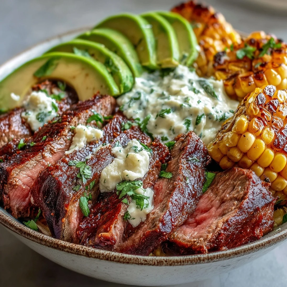 Juicy grilled steak, charred roasted corn, and sliced avocado fill a bowl with cilantro cream sauce in this vibrant Tex-Mex dinner.