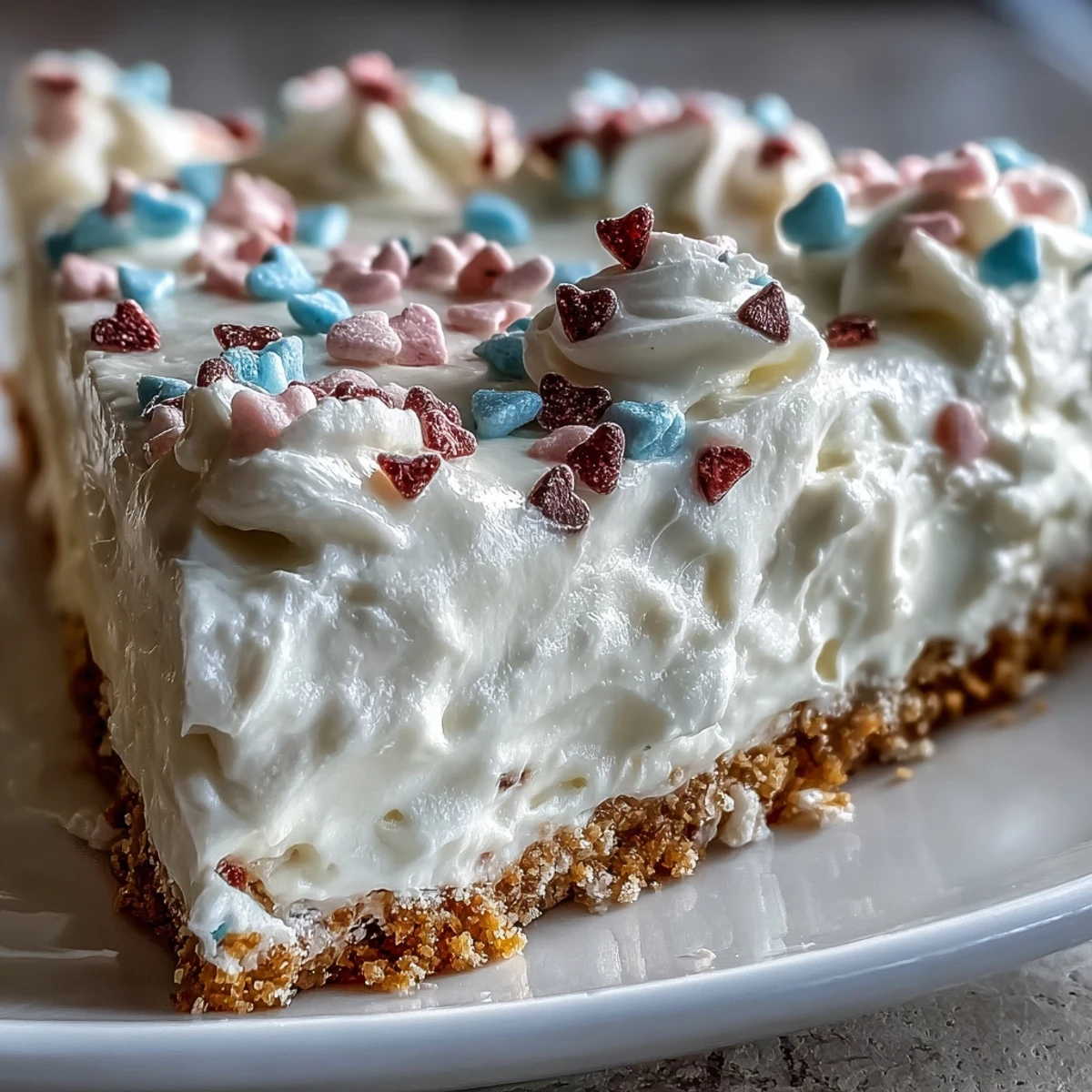 Candy Hearts Fake Cake with silky cream cheese and whipped cream on a buttery graham cracker crust, topped with pastel hearts.