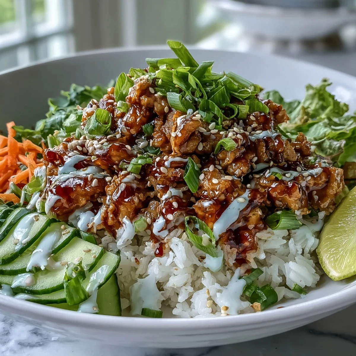 Bang Bang Ground Turkey Rice Bowls with tender turkey and colorful veggies topped with creamy spicy sauce.