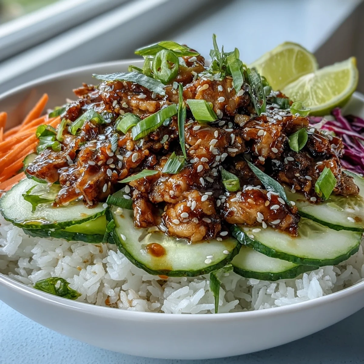 Lime wedges sit beside fluffy rice bowls with crunchy carrots cucumbers and red cabbage.