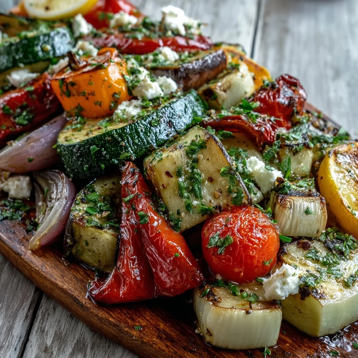 Roasted Mediterranean Greek Vegetables bubbling with caramelized edges and topped with crumbled feta and fresh parsley.