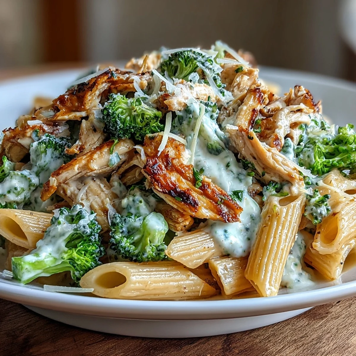 Steaming High Protein Rotisserie Chicken Broccoli Pasta garnished with fresh parsley and extra Parmesan served in a white bowl.