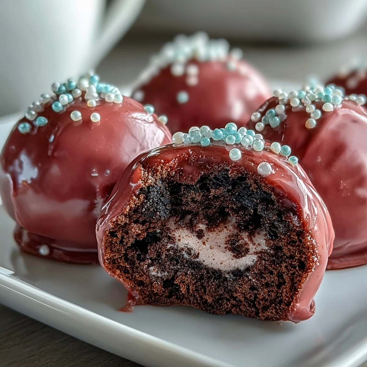 Delicious Oreo Truffle Balls with Pink Candy Coating on a white plate, perfect for sweet party desserts.