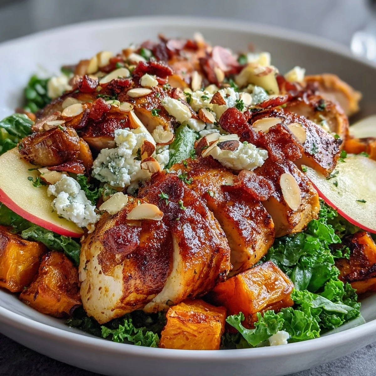 The finished Fall Sweet Potato Harvest Bowl with roasted chicken, kale, and bright apple slices.  