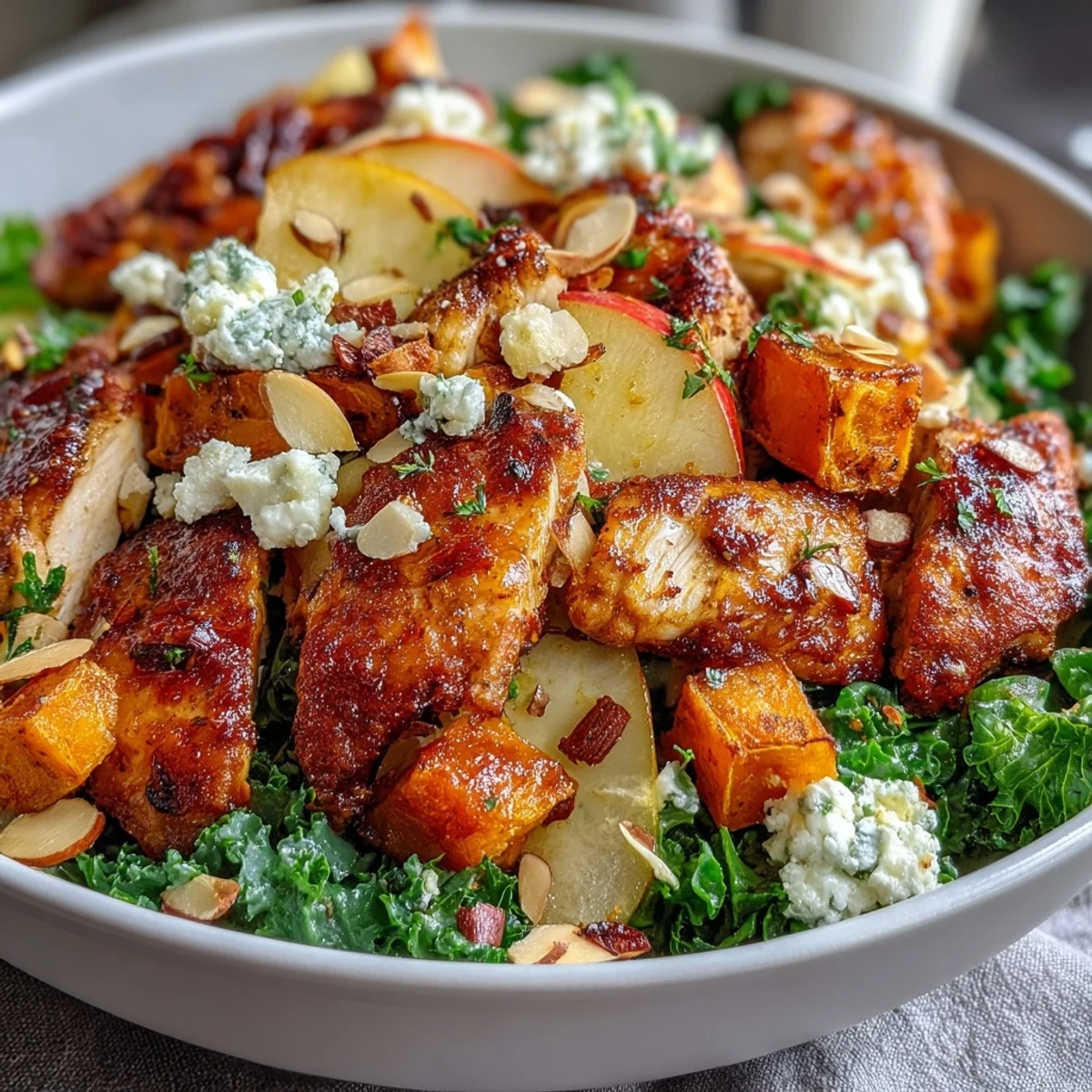 Close-up of a Fall Sweet Potato Harvest Bowl with balsamic drizzle over kale and chicken.