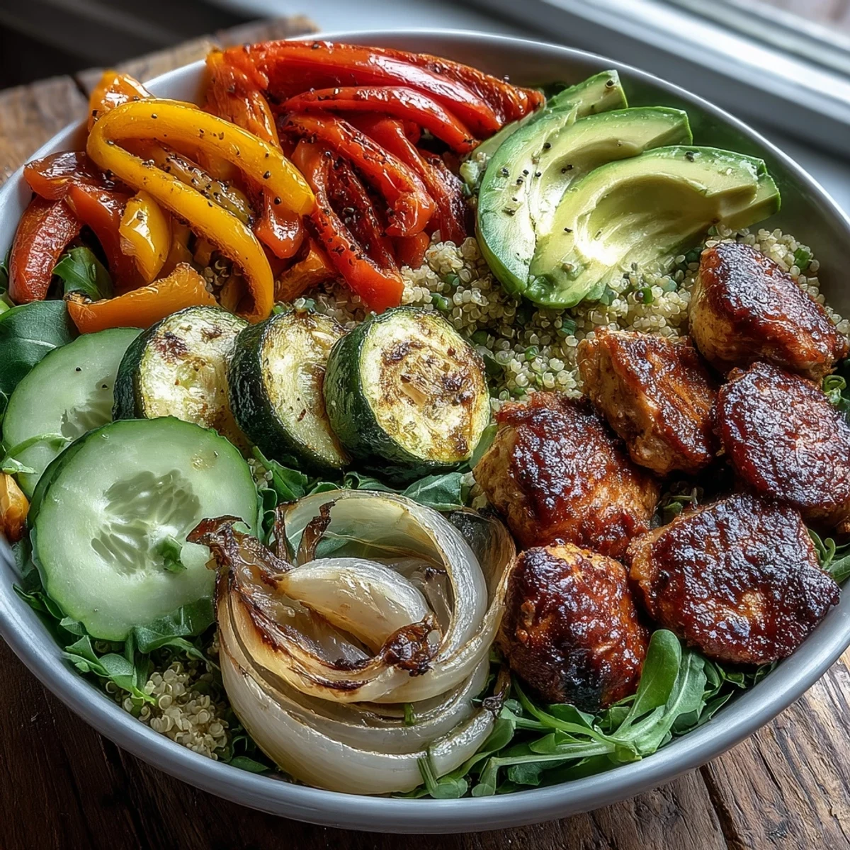 Colorful medley of roasted vegetables, fluffy quinoa, and golden chicken slices ready to serve in this vibrant, gluten-free main dish.