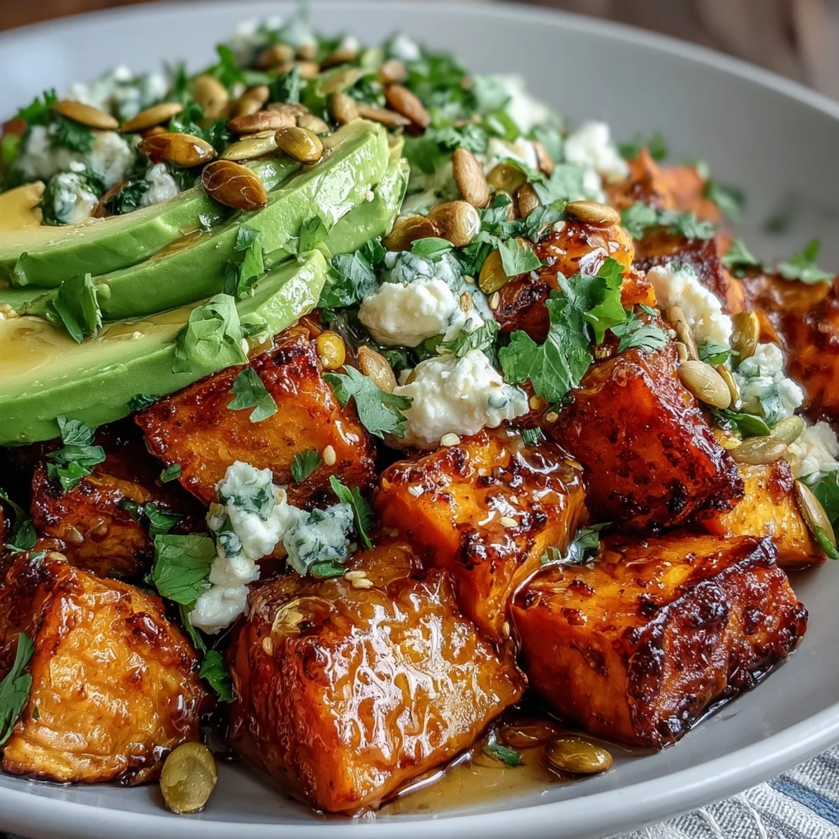 Close-up of the Hot Honey Sweet Potato Bowl with golden roasted sweet potatoes, smooth cottage cheese, and spicy-sweet hot honey glaze.