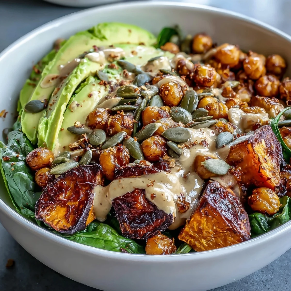 A vibrant bowl of roasted sweet potatoes and crispy chickpeas topped with garlicky spinach and smoky chipotle tahini dressing.