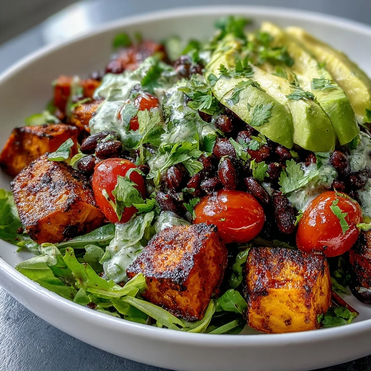 Roasted sweet potatoes and black beans in a vibrant bowl topped with fresh salsa, avocado, and a zesty lime dressing.  