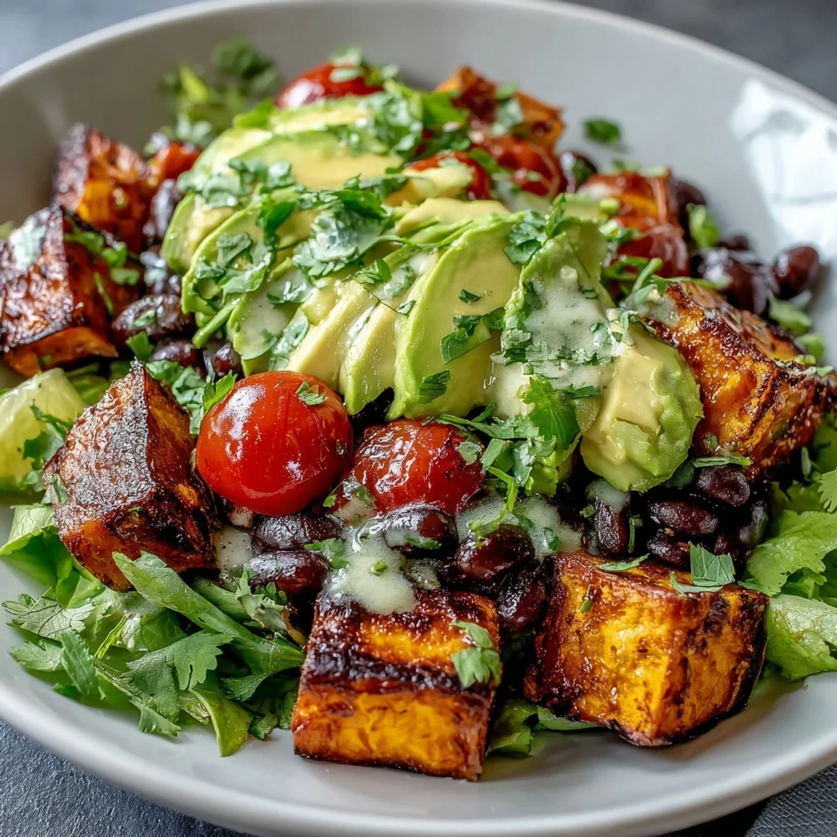 A close-up of the Sweet Potato and Black Bean Bowl, showing golden roasted veggies, creamy avocado, and fresh cilantro garnish.  