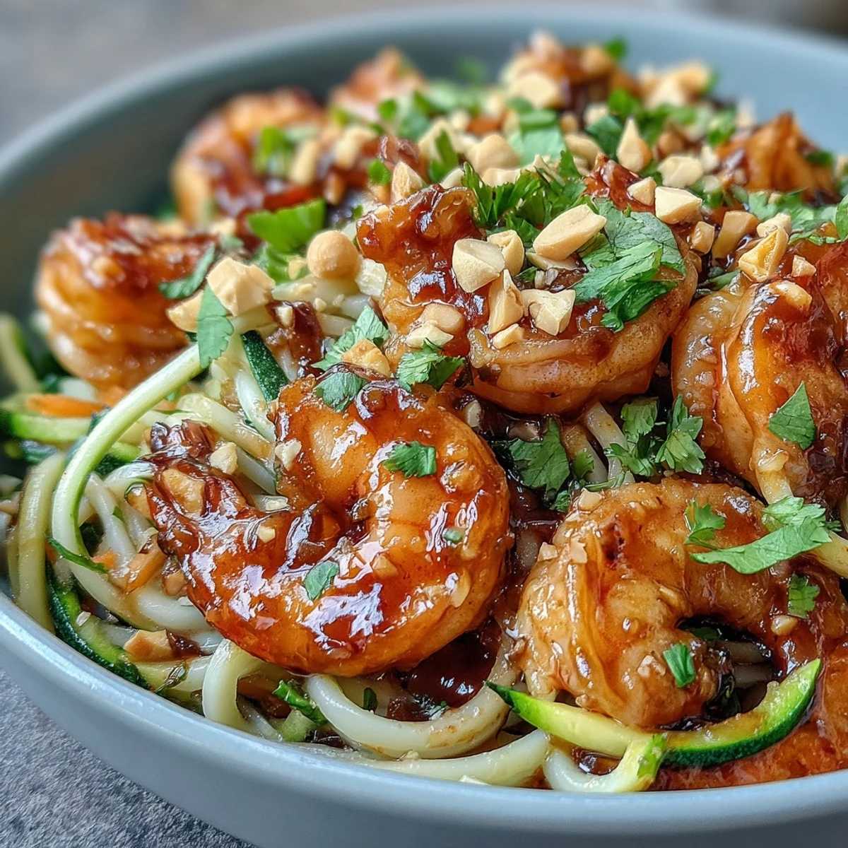 Fresh Asian Noodle Bowl with tender shrimp, crisp zucchini, and carrots tossed in a savory sauce, topped with peanuts and cilantro.