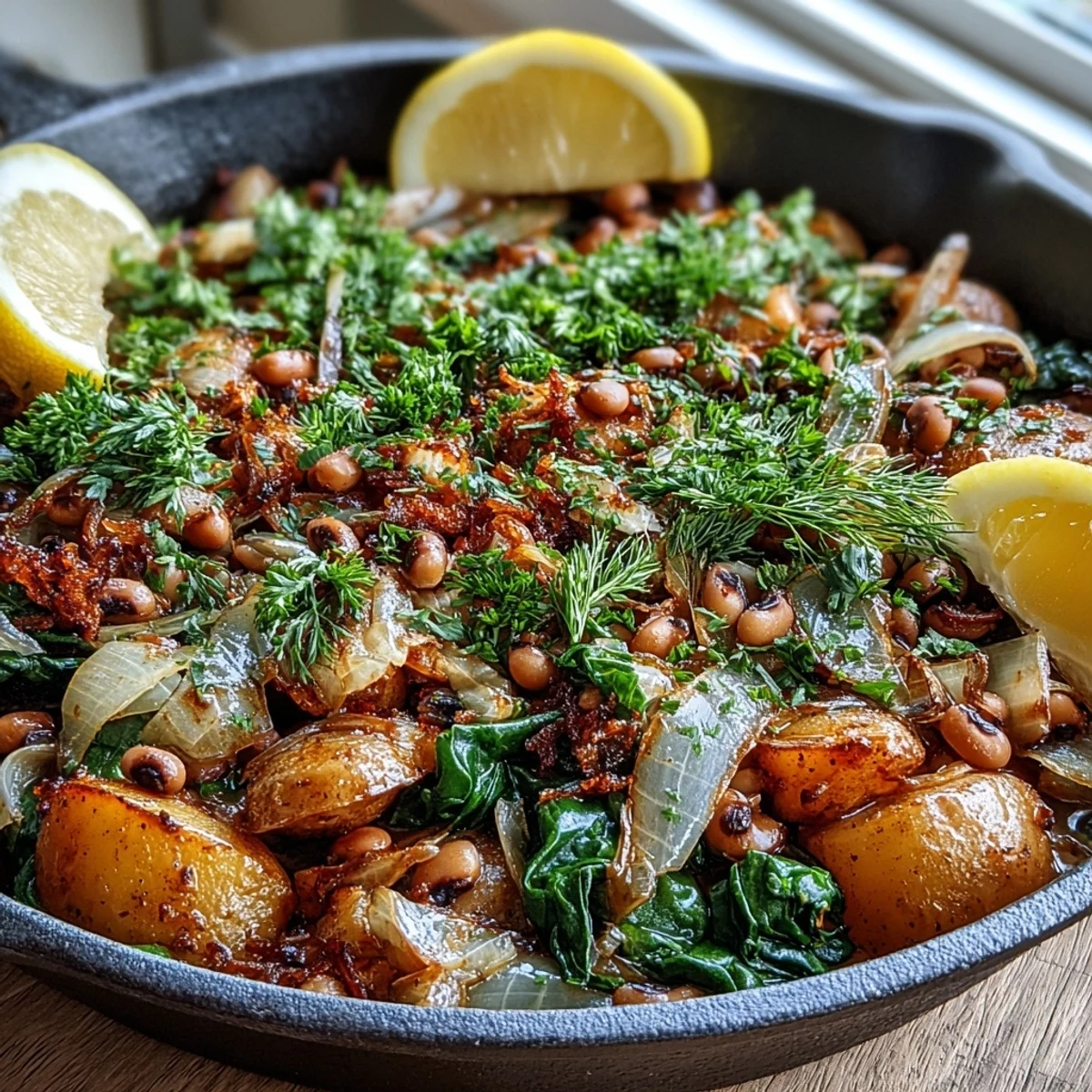 Homestyle Black-Eyed Pea Skillet Dinner topped with fresh parsley and lemon wedges, served alongside buttery cornbread.