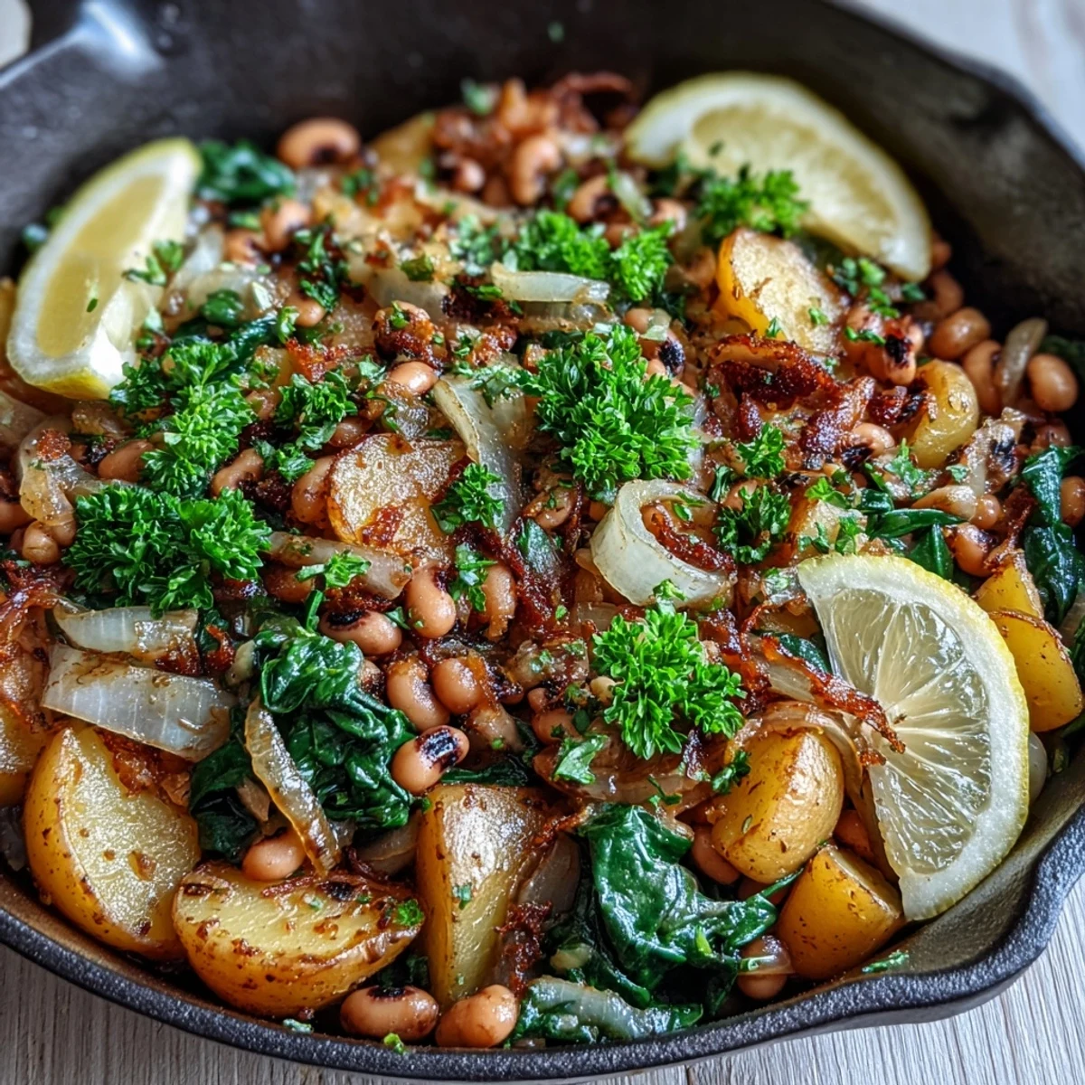 Sizzling Black-Eyed Pea Skillet Dinner with golden potatoes and wilted spinach in a cast iron pan.