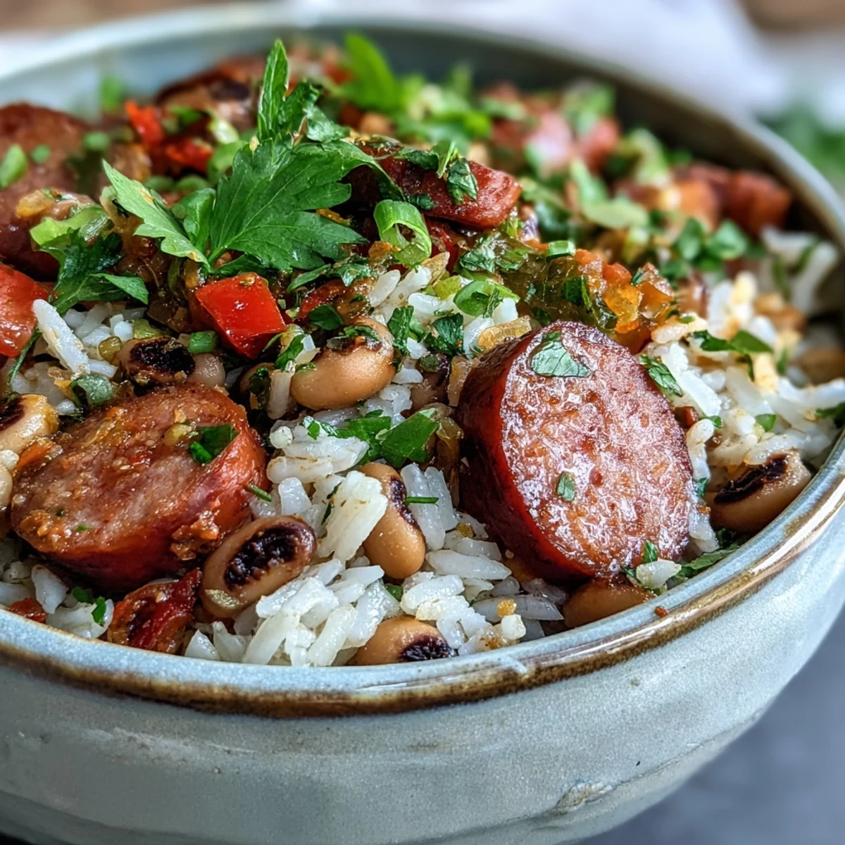 Steaming Black-Eyed Pea Jambalaya with Andouille sausage, bell peppers, and fluffy rice is served in a rustic bowl with fresh parsley.