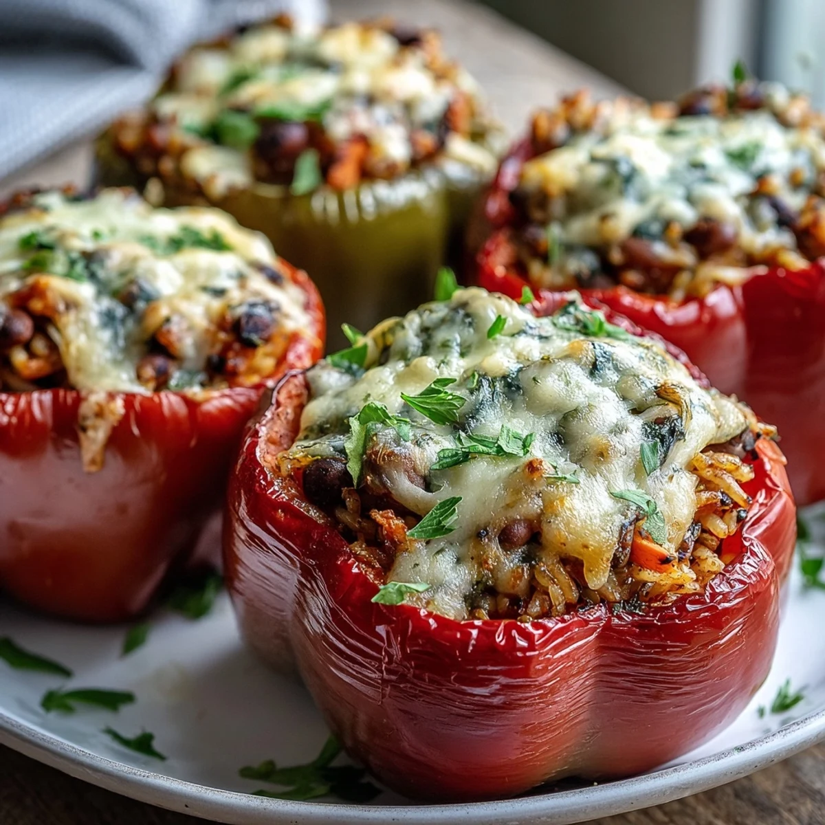 Four golden baked bell peppers filled with black-eyed peas, rice, and aromatic vegetables, garnished with fresh parsley.