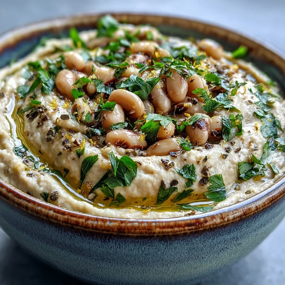 A rustic bowl of Smashed Black-Eyed Peas topped with lemon zest, served alongside crispy pita chips.