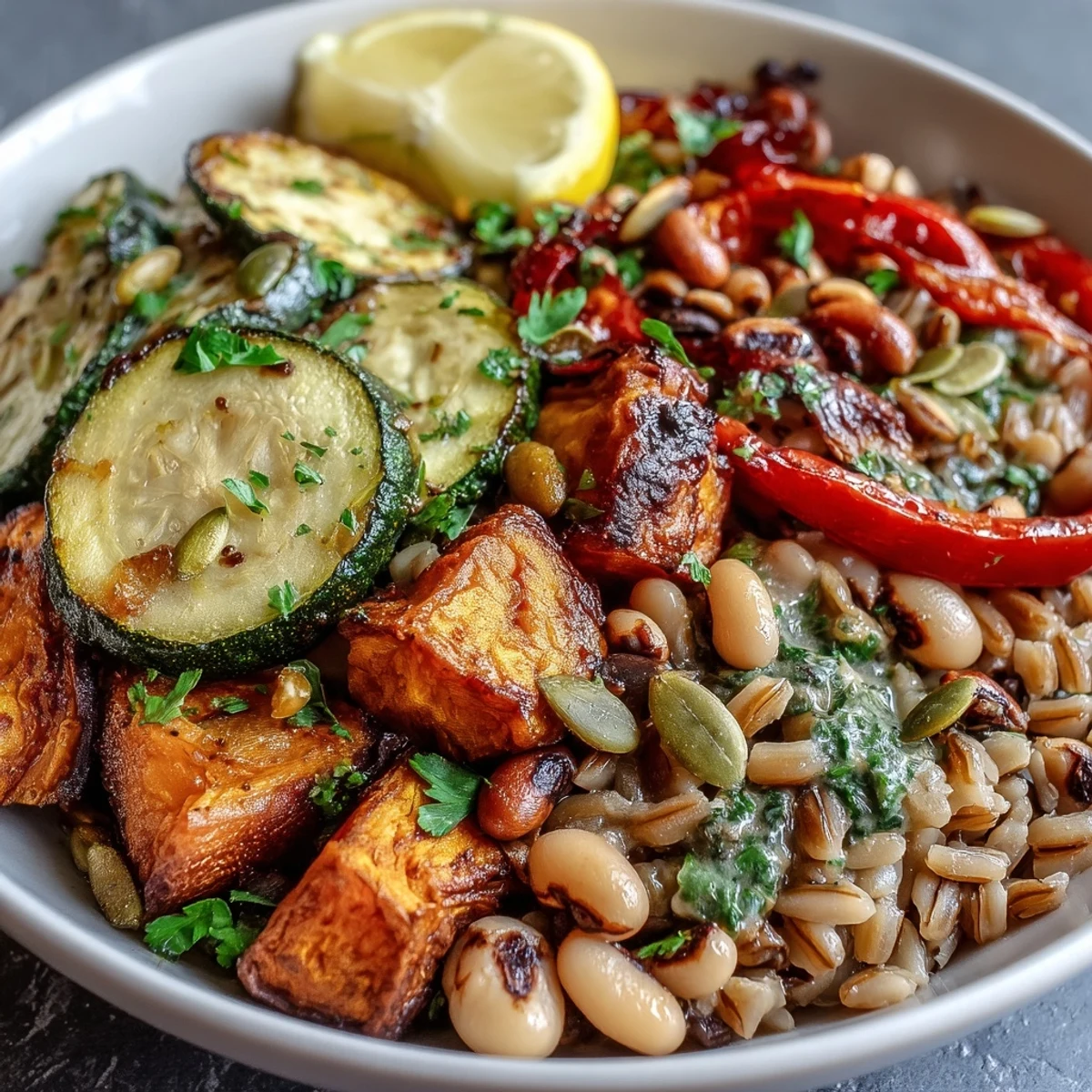 Warm Black-Eyed Pea Grain Bowl topped with roasted sweet potatoes, red peppers, and zucchini, garnished with fresh cilantro and seeds. 