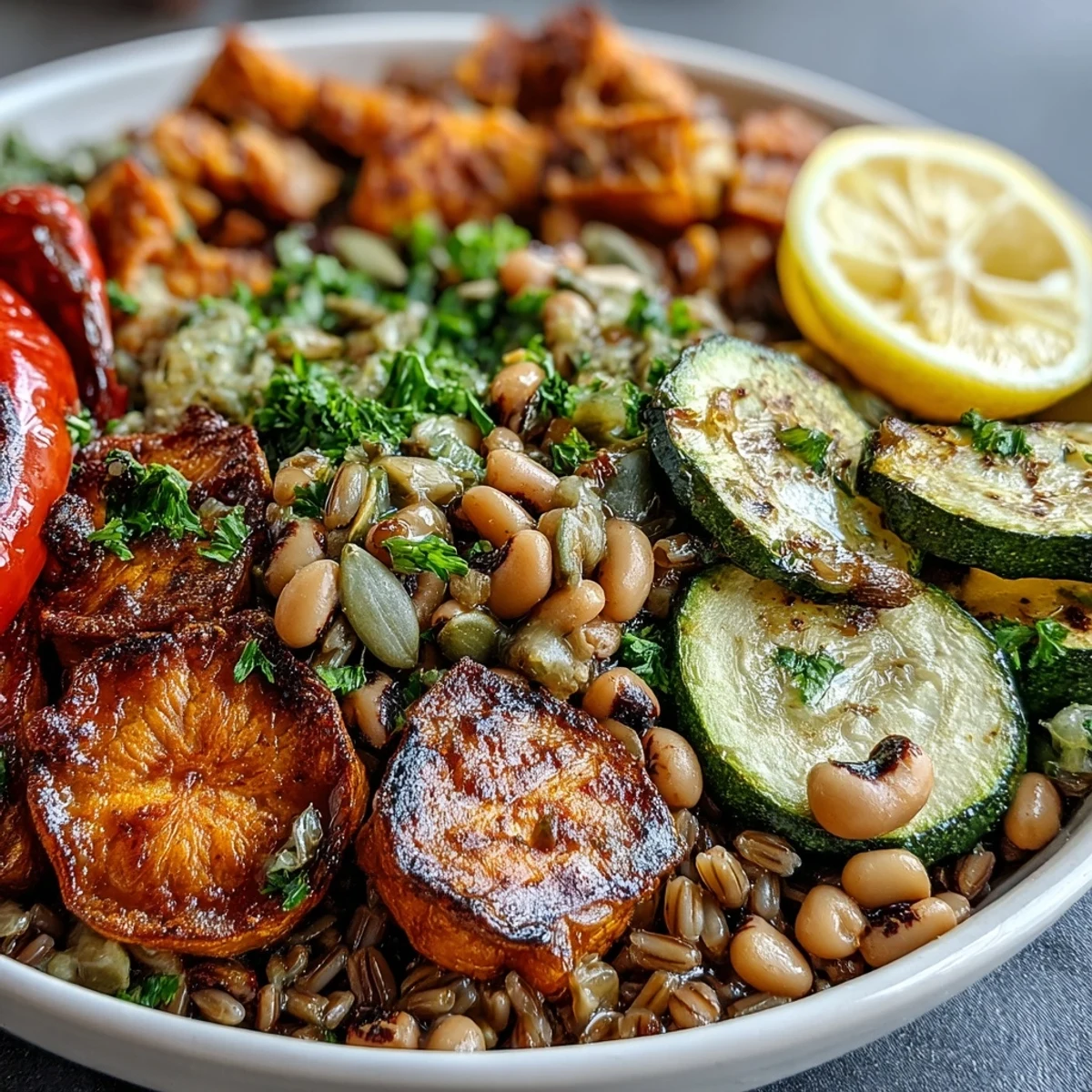 Vibrant Black-Eyed Pea Grain Bowl with colorful roasted vegetables, herbs, and pumpkin seeds on a rustic table.