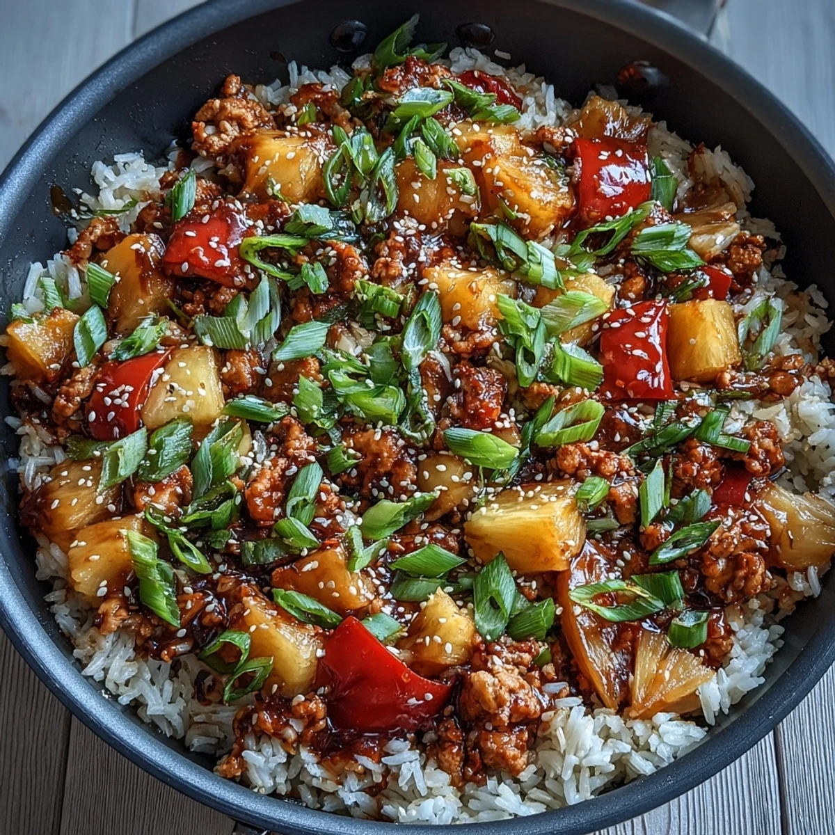 Fork tender Korean-spiced ground turkey and sweet pineapple mingle with crisp bell peppers in a golden skillet of fluffy rice.