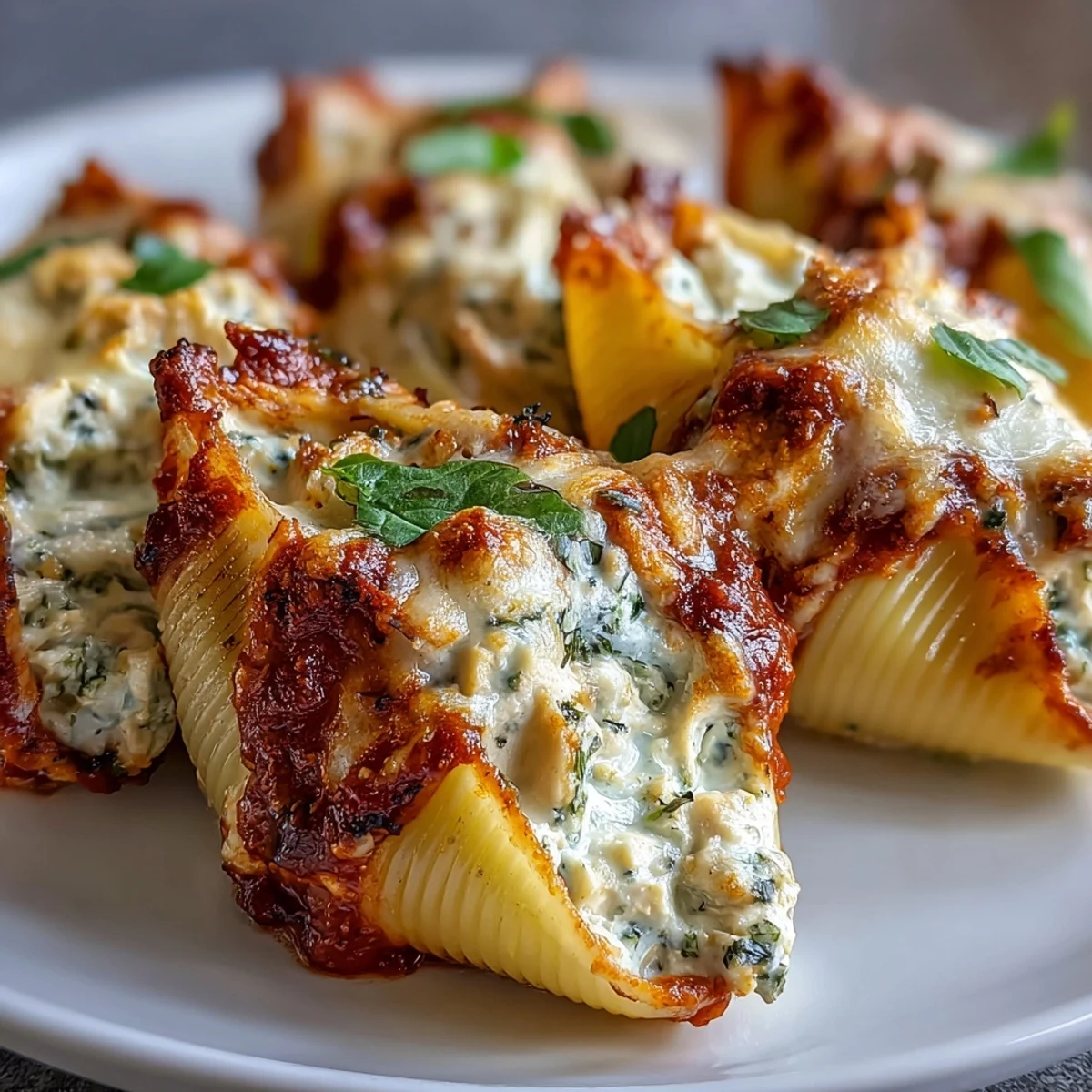 Cheesy Pesto Chicken Stuffed Shells Lite served in a baking dish with marinara sauce and fresh basil.