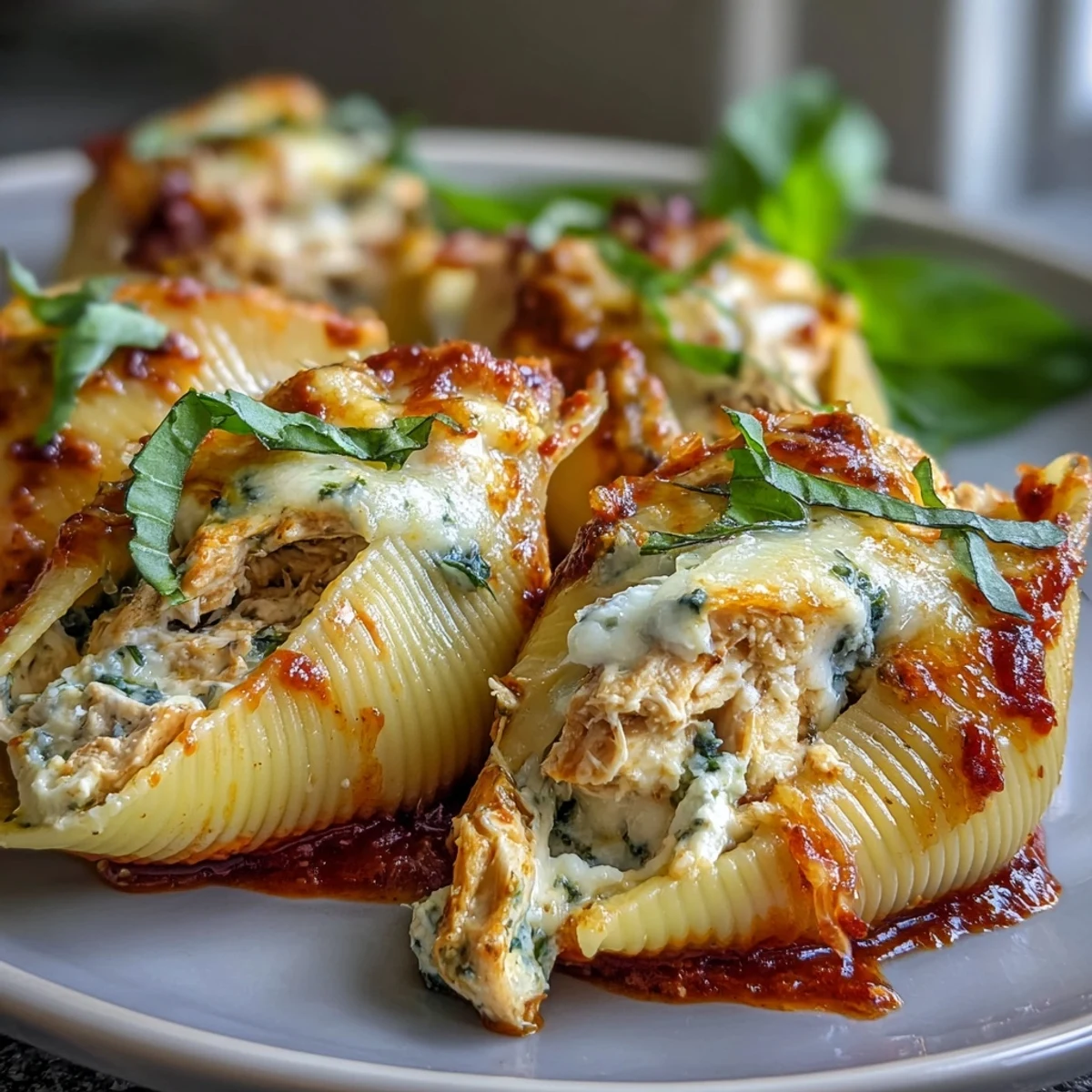 Close-up of Pesto Chicken Stuffed Shells Lite, showing tender jumbo shells stuffed with herby chicken filling.