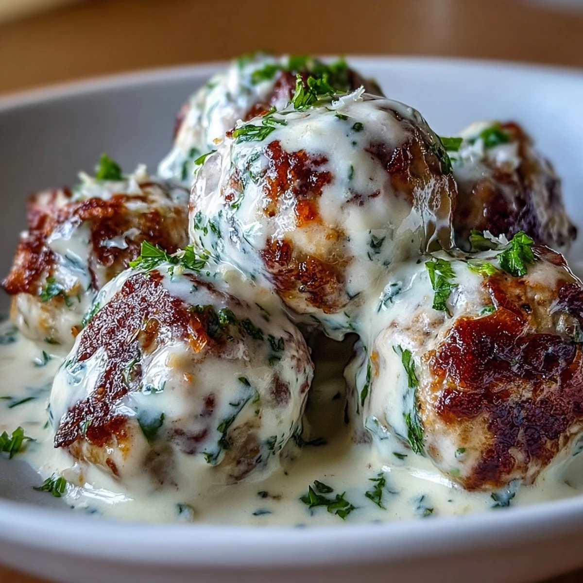 Golden-brown Creamy Garlic Ranch Turkey Meatballs rest in a skillet of velvety garlic cream sauce, garnished with fresh chives.