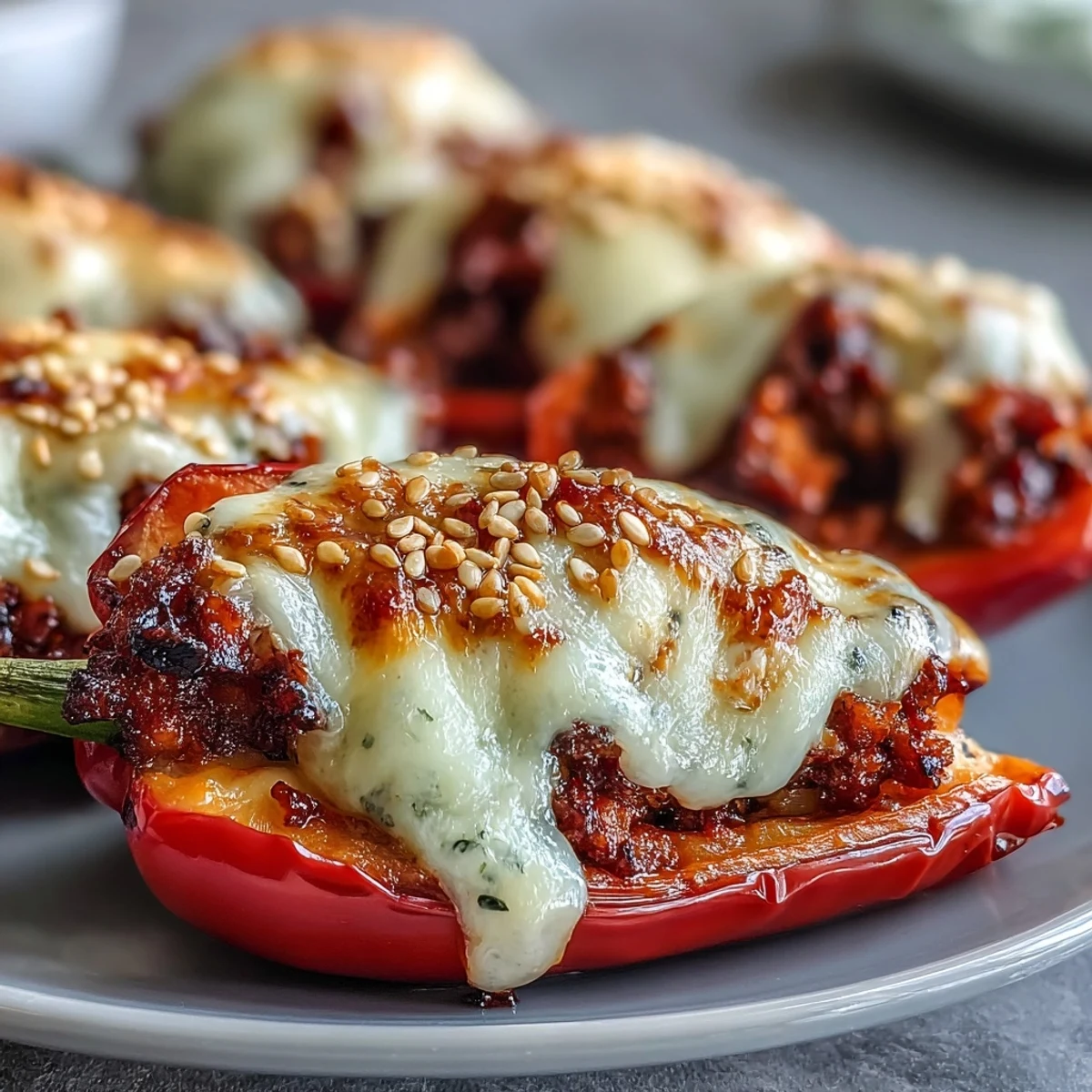 Fresh-baked Korean-Style Turkey Stuffed Sweet Peppers with melty mozzarella topping and toasted sesame seeds.